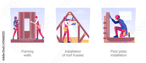 Rough carpentry in residential building isolated concept vector illustration set. Framing walls, installation of roof trusses, floor joists, construction process, hire contractor vector cartoon.