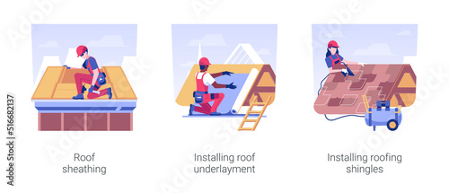 Private house roofing isolated concept vector illustration set. Roof sheathing, installing roof underlayment and shingles, contractors setting tiles, residential area construction vector cartoon.