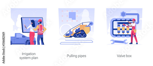 Irrigation system installation isolated concept vector illustration set. Irrigation system plan, pulling pipes, valve box installation, water spraying system, maintenance service vector cartoon.