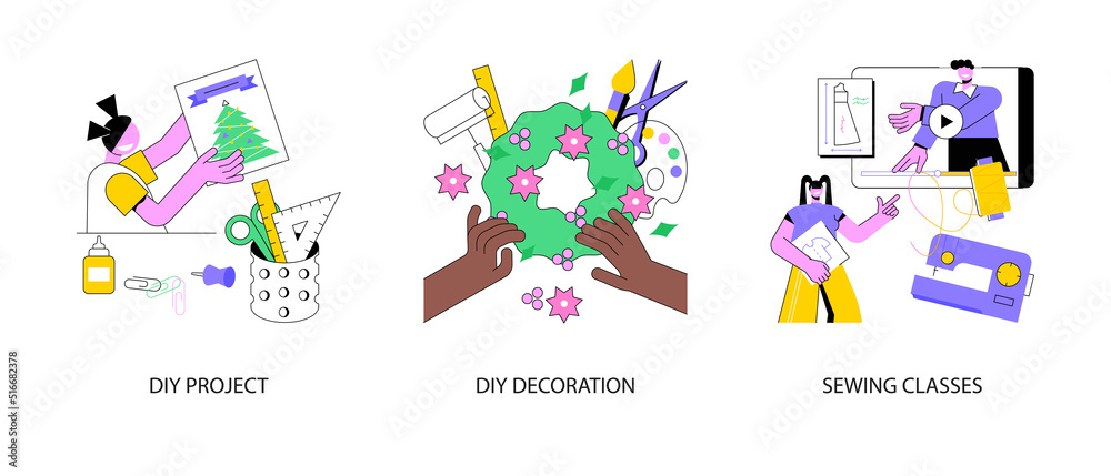Creative craft abstract concept vector illustration set. DIY project, handmade design decoration, sewing classes, handicraft hobby, online video tutorial, holiday decor, needlework abstract metaphor. Creative craft abstract concept vector illustration set. DIY project, handmade design decoration, sewing classes, handicraft hobby, online video tutorial, holiday decor, needlework abstract metaphor.