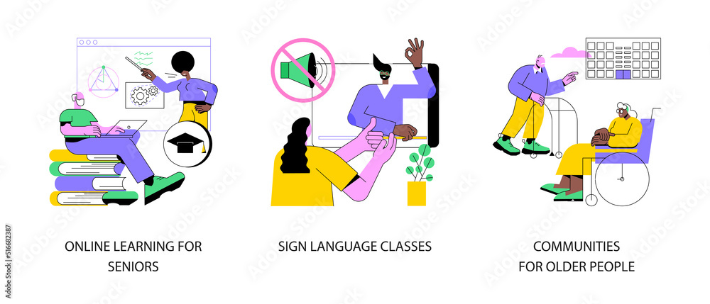 Fototapeta premium Senior community and education abstract concept vector illustration set. Online learning for seniors, sign language classes, communities for older people, free course, silent speech abstract metaphor.
