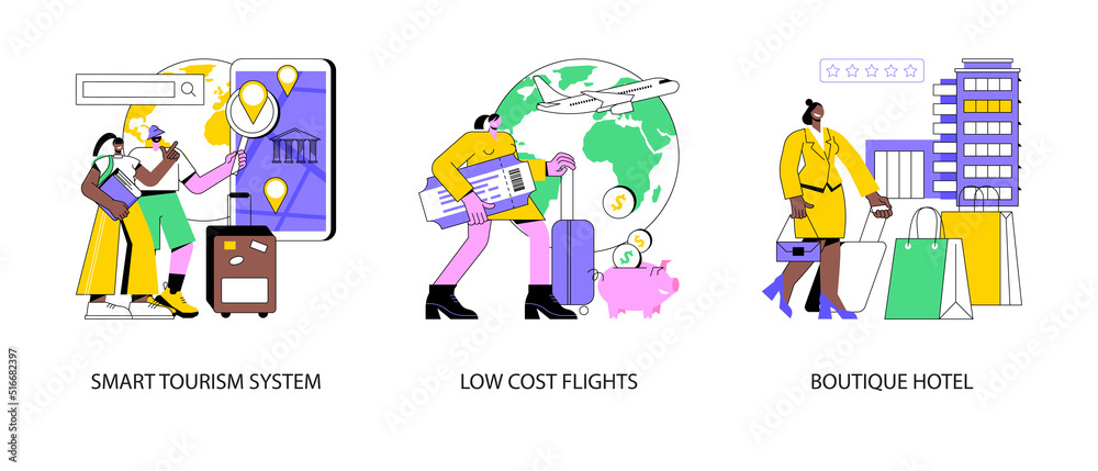 Travel experience abstract concept vector illustration set. Smart tourism system, low cost flights, boutique hotel, smart tour guide, buy ticket online, luxury hotel, thermal spa abstract metaphor.