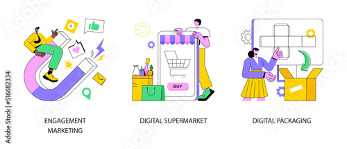 Mobile retail shopping abstract concept vector illustration set. Engagement marketing, digital supermarket and packaging, online commerce, smm strategy, online payment, AR labels abstract metaphor.