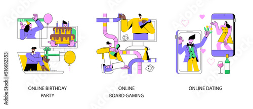 Video call abstract concept vector illustration set. Online birthday party, board gaming playing app, online dating, quarantine event, social isolation, camera date, social media abstract metaphor.