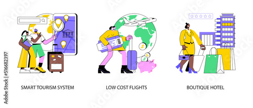 Travel experience abstract concept vector illustration set. Smart tourism system, low cost flights, boutique hotel, smart tour guide, buy ticket online, luxury hotel, thermal spa abstract metaphor.
