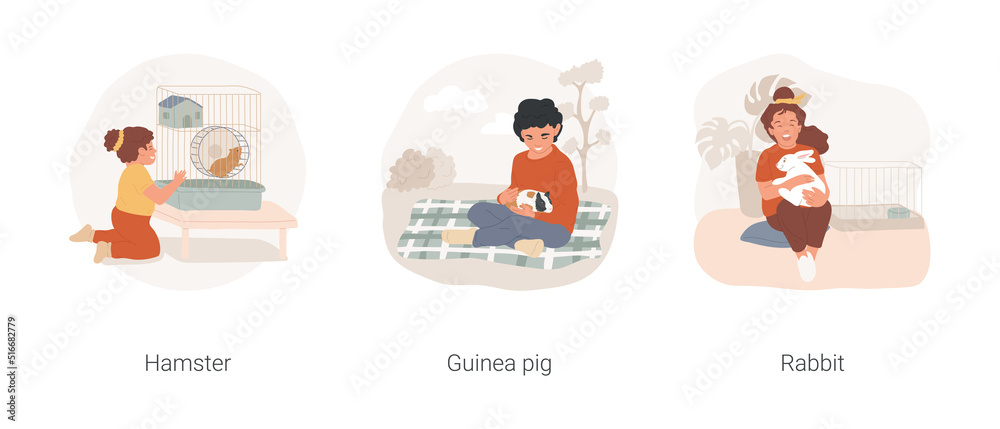 Having pets at home isolated cartoon vector illustration set. Hamster running the wheel, child feeding guinea pig with a grass, little girl caressing cute rabbit, take care of pet vector cartoon. Having pets at home isolated cartoon vector illustration set. Hamster running the wheel, child feeding guinea pig with a grass, little girl caressing cute rabbit, take care of pet vector cartoon.