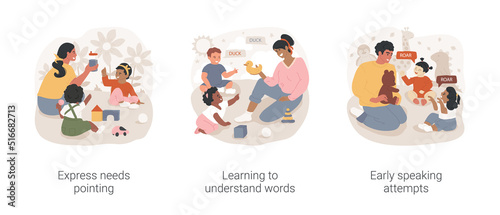 Infants development milestone isolated cartoon vector illustration set. Child care, express needs pointing, learning to understand words, early speaking attempts, early education vector cartoon.