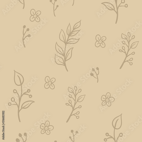 Leaves and flowers seamless pattern. Doodle nature elements background texture. Botanical design.