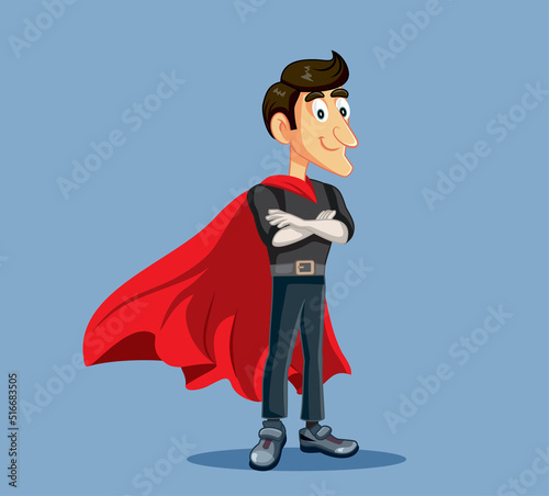  Superhero Man Wearing a Red Cape Vector Cartoon Character. Brave masculine role model standing with arms crossed 