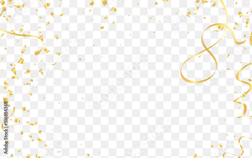 Falling shiny golden confetti isolated on transparent background.VIP flying sparkle elements, gold foil texture serpentine streamers confetti falling new year vector.