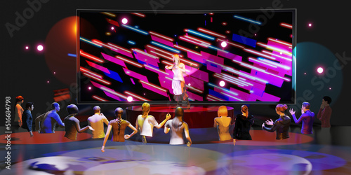 Party concerts in Metaverse, avatars and online music performances via VR glasses in the world of Metaverse 3D illustrations.