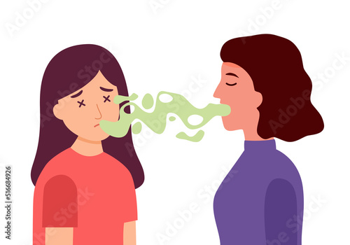 Woman with bad breath talking with her colleague in flat design on white background. Smelly mouth concept vector illustration.