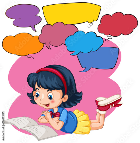 Speech bubble template with girl reading