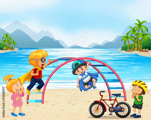 Beach playground with happy children
