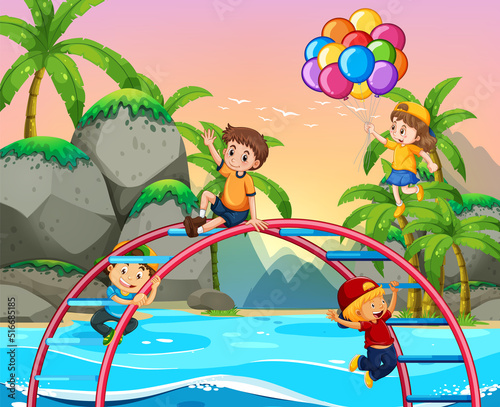 Beach playground with happy children