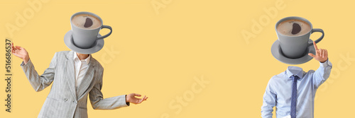 Businessman with cup of hot coffee instead of his head and laptop on yellow background