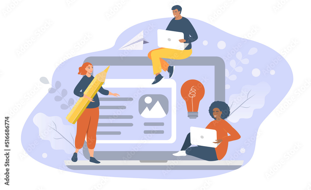vector illustration in a flat style on the theme of blogging, copywriting. laptop and people working on writing articles vector illustration in a flat style on the theme of blogging, copywriting. laptop and people working on writing articles