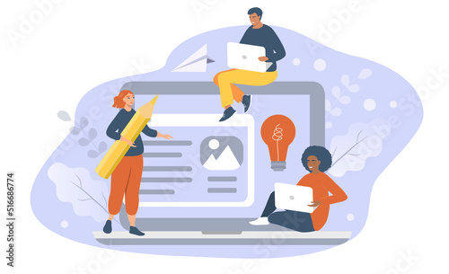 vector illustration in a flat style on the theme of blogging, copywriting. laptop and people working on writing articles