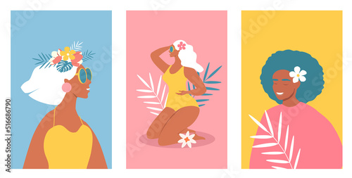 vector illustration in flat style - set of summer postcards with pretty girls