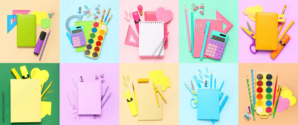 Set of school stationery on colorful background, top view Set of school stationery on colorful background, top view