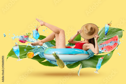 Summer collage with young woman, inflatable ring, tropical leaves, fruits and cocktails on yellow background
