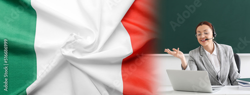 Collage with female teacher conducting lesson online and flag of Italy