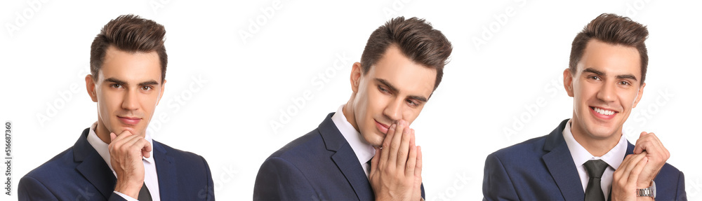 Set of handsome young businessman with stylish hairdo isolated on white Set of handsome young businessman with stylish hairdo isolated on white