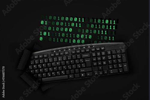 PC keyboard with Binary code symbol on black background 