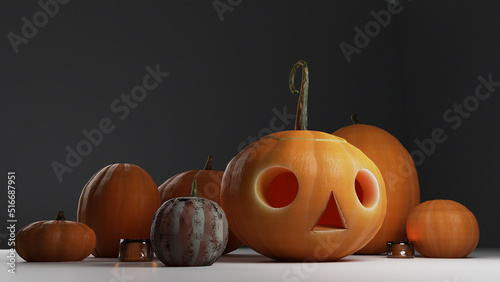 Line up of Pumpkins and Jack-O-lantern 3D Graphic Design Illustration