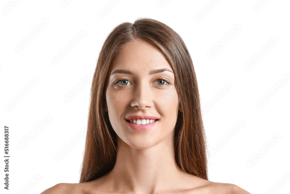 Young tanned woman on white background, closeup Young tanned woman on white background, closeup