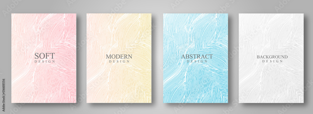 Abstract fur cover design set. Creative fashionable background with pastel line pattern. Trendy vector collection for catalog, brochure template, magazine layout, beauty booklet