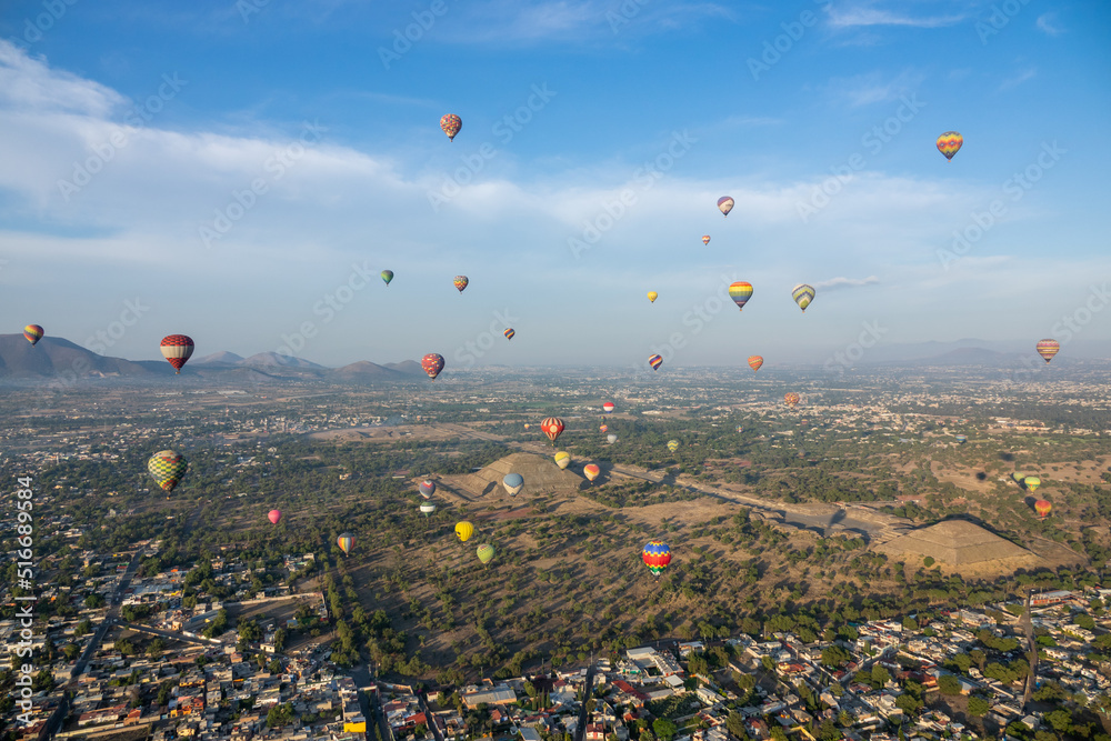 Colorful Hot Air Balloons Flying Over Ancient Pyramid of Teotihuacan, Mexico Stock Photo Adobe