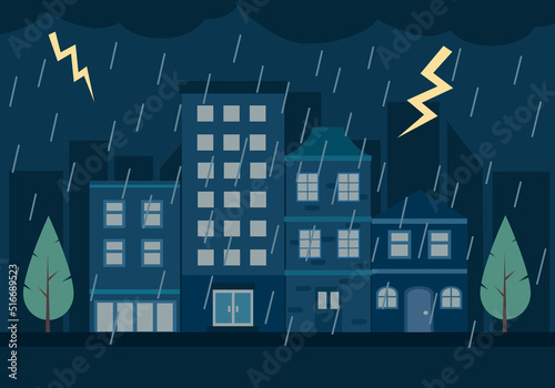 Bad weather night city landscape in flat design. Rainy season.
