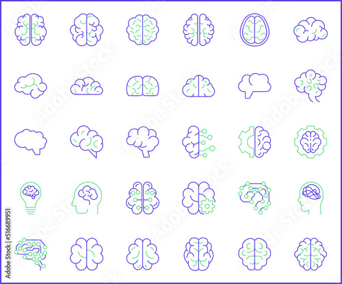 Simple Set of brain Related Vector Line Icons. Contains such Icons memory, mind, light bulb, brainstorming, human brain, psychology, thinking symbols and more.