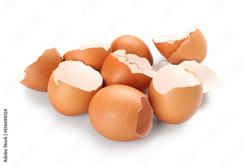 Heap of egg shells on white background Heap of egg shells on white background