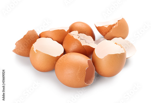Heap of egg shells on white...