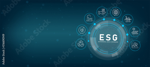 ESG icons for environment, society and governance in sustainable and ethical business concept on network connection on green vector background.