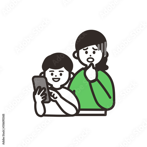 携帯を使用する男の子とショックな母 green