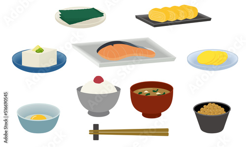 和の朝ごはん,朝食,和定食のイラストセット