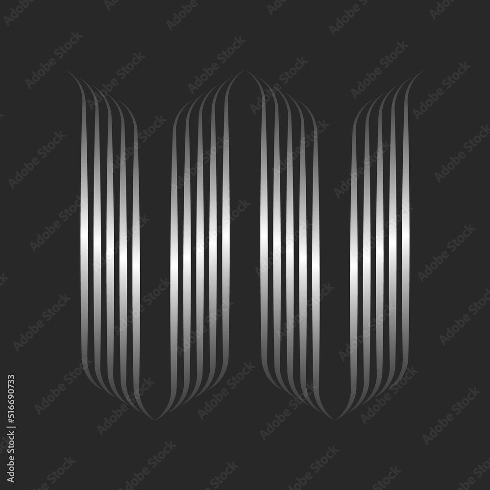 Letter W logo calligraphic monogram or two letters V VV initials with curls in the Gothic style, 3d effect silver wave shape, metallic gradient ribbons from smooth thin parallel lines.