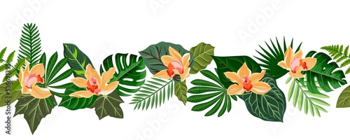 vector drawing tropical garland with green leaves and orchid flowers, floral composition, exotic seamles pattern at white background , jungle border hand drawn illustration