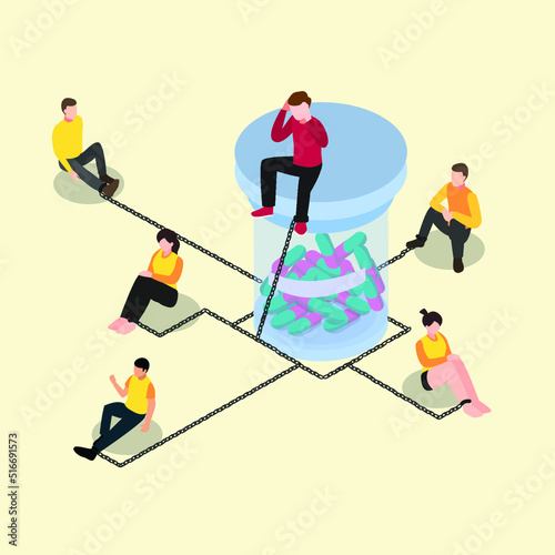 Young adults addicted to drugs isometric 3d vector illustration concept for banner, website, illustration, landing page, flyer, etc.