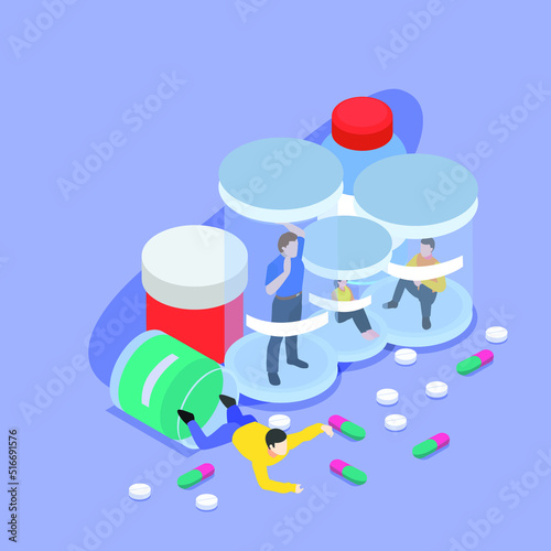 Drugs addicts trapped inside bottles isometric 3d vector illustration concept for banner, website, illustration, landing page, flyer, etc.
