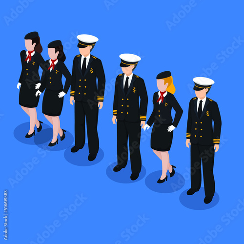 Airline pilots and stewardess isolated isometric 3d vector illustration concept for banner, website, illustration, landing page, flyer, etc.
