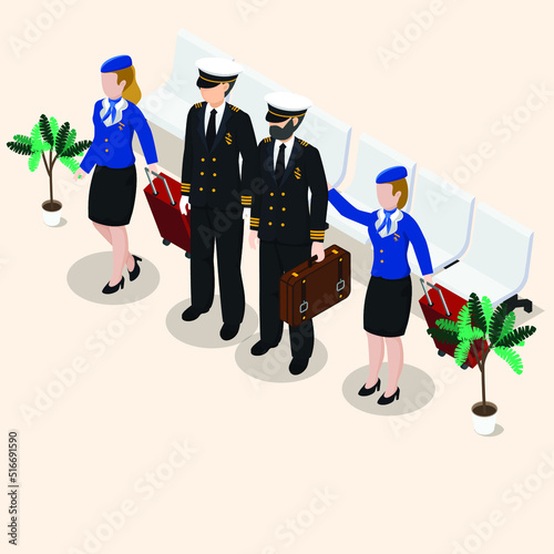 Airline pilots and stewardess isometric 3d vector illustration concept for banner, website, illustration, landing page, flyer, etc.