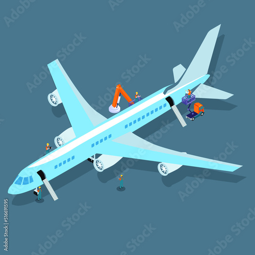 Airline workers and engineers maintain a plane before flight isometric 3d vector illustration concept for banner, website, illustration, landing page, flyer, etc.