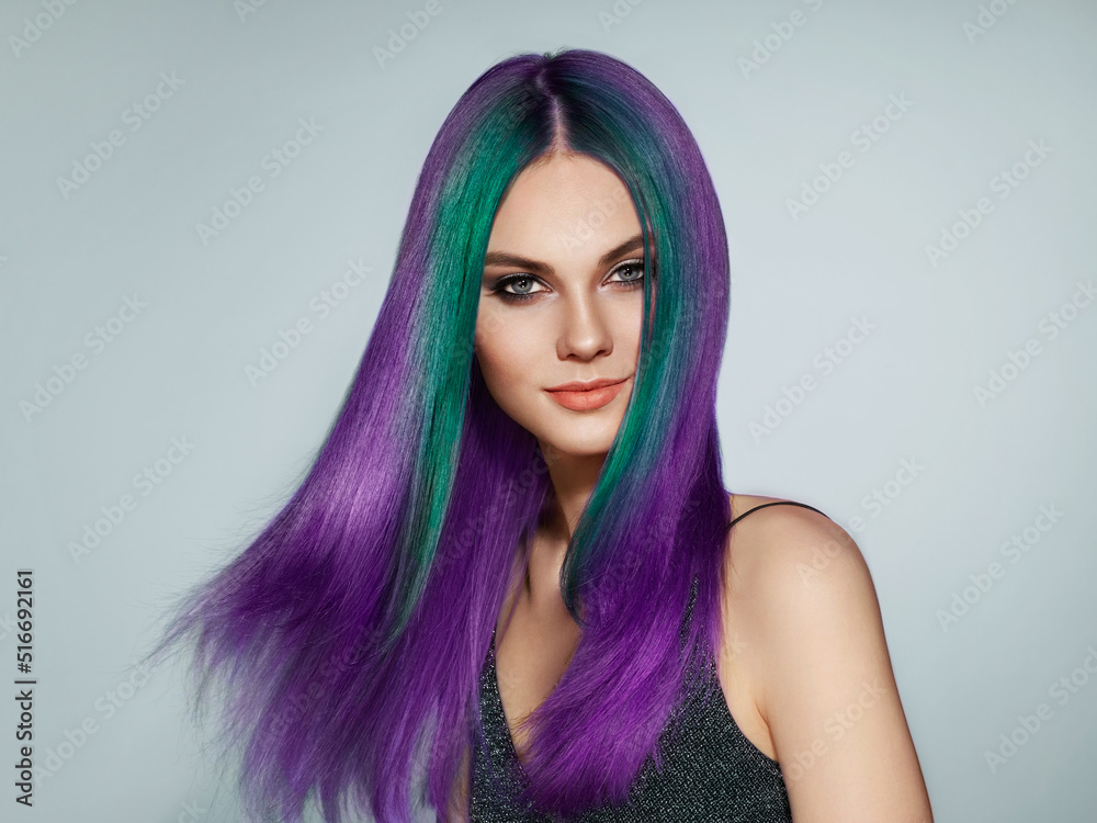 Beauty fashion model girl with colorful dyed hair. Girl with perfect makeup and hairstyle. Model with perfect healthy smooth hair Beauty fashion model girl with colorful dyed hair. Girl with perfect makeup and hairstyle. Model with perfect healthy smooth hair