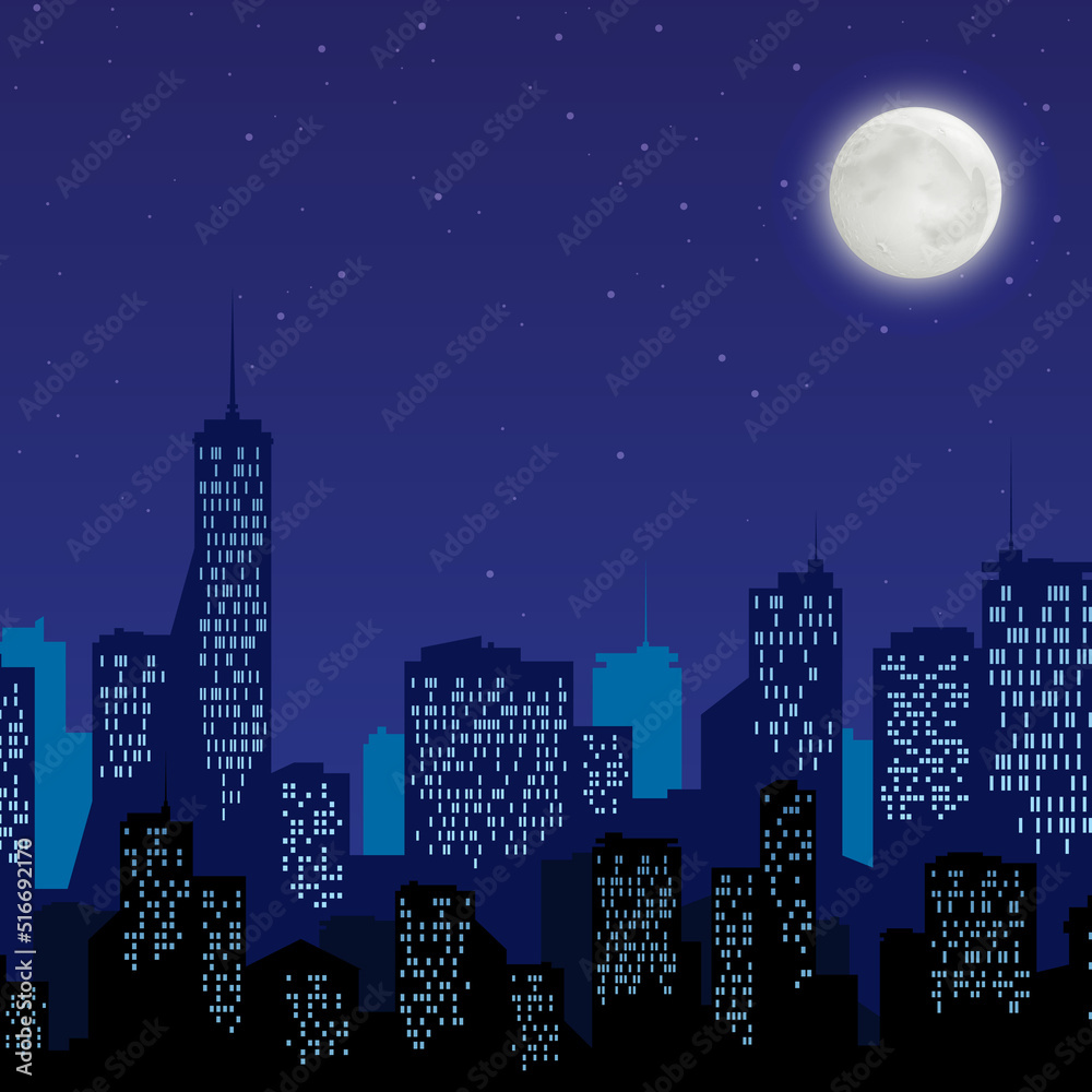 Night city with bright moon vector illustration in flat style