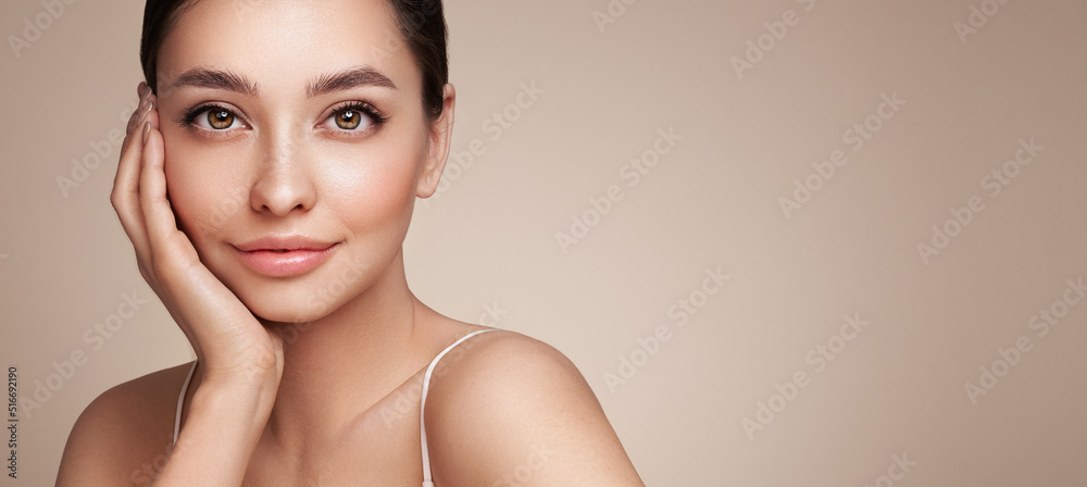 Portrait beautiful young woman with clean fresh skin. Model with healthy skin, close up portrait. Cosmetology, beauty and spa - obrazy, fototapety, plakaty 