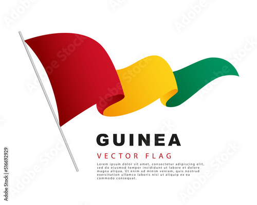 The flag of Guinea hangs on a flagpole and flutters in the wind. Vector illustration isolated on white background.